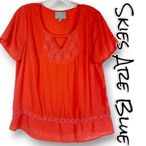 Skies Are Blue Anthroplogie Coral Orange Relaxed Fit Blouse Lace Womens Size Med